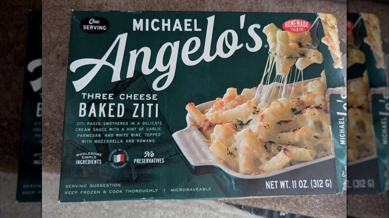 Box of Michael Angelo's three cheese baked ziti on countertop