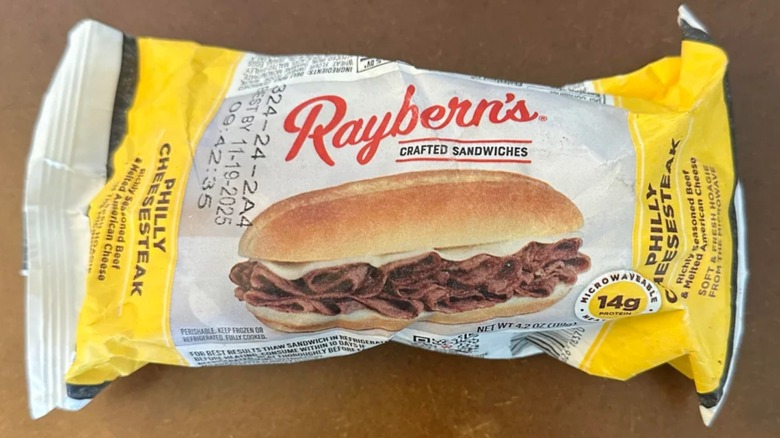 The box of Raybern's Philly Cheesesteaks showing a sandwich on the package