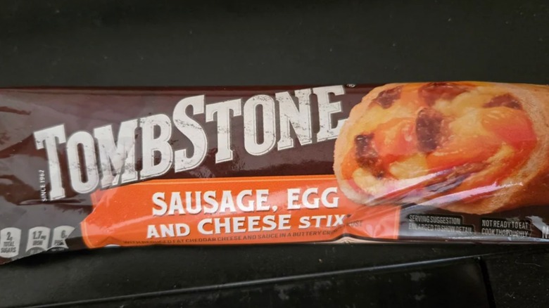 A plastic wrapped Tombstone Sausage, Egg, and Cheese Stix