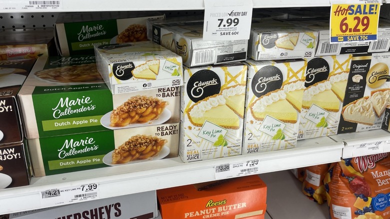 A frozen pie section at a grocery store