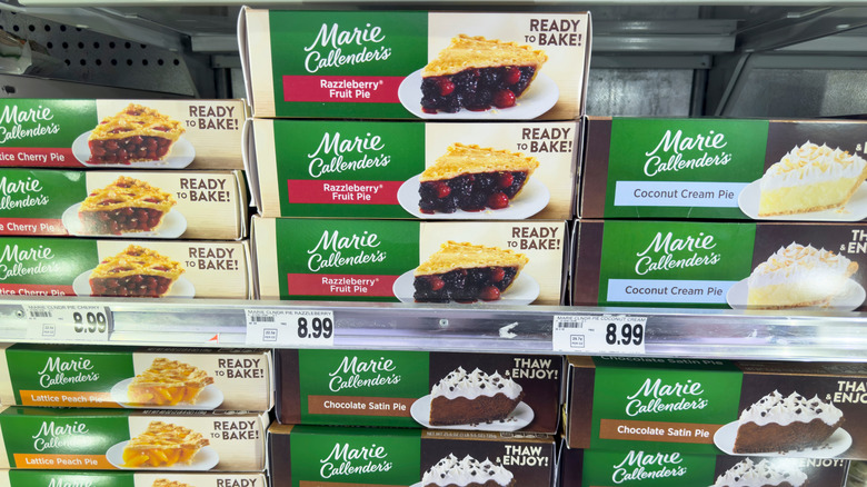 Grocery store freezer display of Marie Callender's pies
