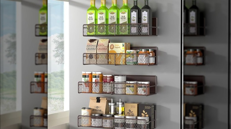 A DTUQYX magnetic spice rack on a refrigerator