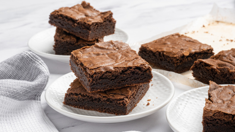 slices of brownies on a white plate