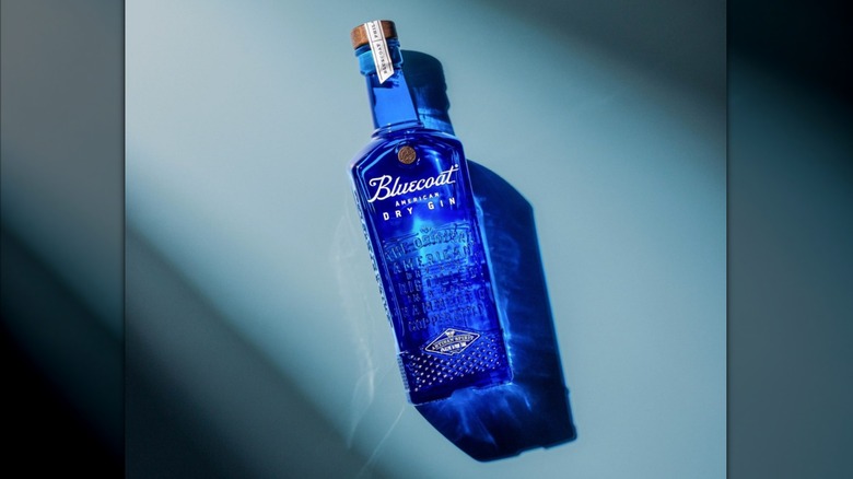 Bottle of Bluecoat American Dry Gin on a blue background