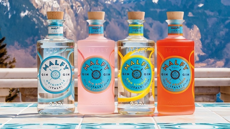 Four bottles of Malfy Gin against a mountain backdrop