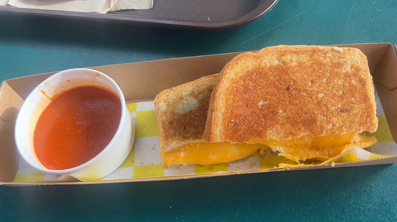 Grilled Three-Cheese Sandwich and tomato soup from Woody's Lunch Box.