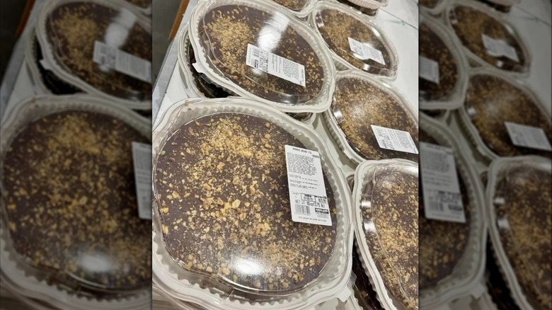 A pile of Kirkland Signature Brownie Walnut Pie sits on a table