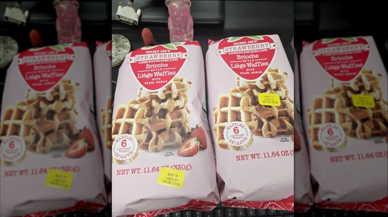 bags of Strawberry Brioche Style Liège Waffles sitting on a store shelf