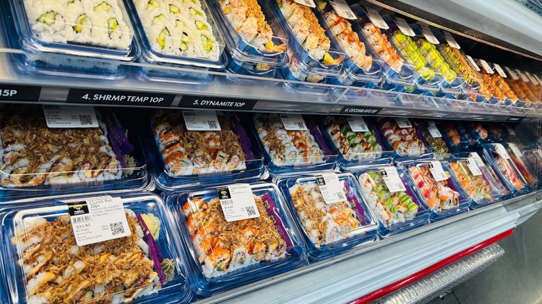 Various sushi platters in the refrigerator section at Sam's Club