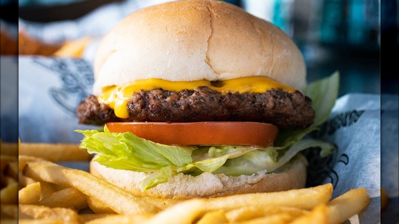Burger with lettuce, cheese, and tomato with fries