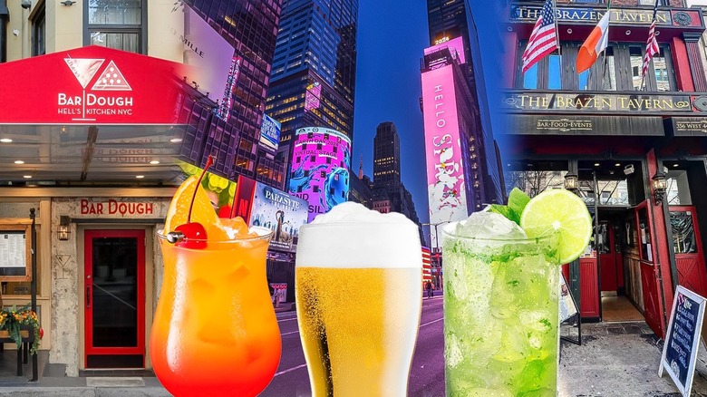 composite image of different new york city bars that are in the theater district with various alcoholic drinks in the forefront