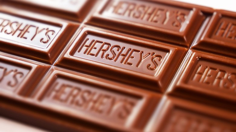 Close-up of an unwrapped Hershey's milk chocolate bar