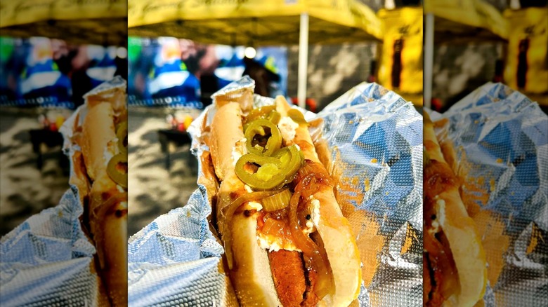person holding a Seattle dog from Al's Gourmet Sausages