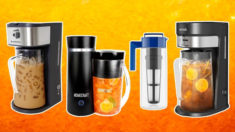 Four different iced tea makers on orange yellow background
