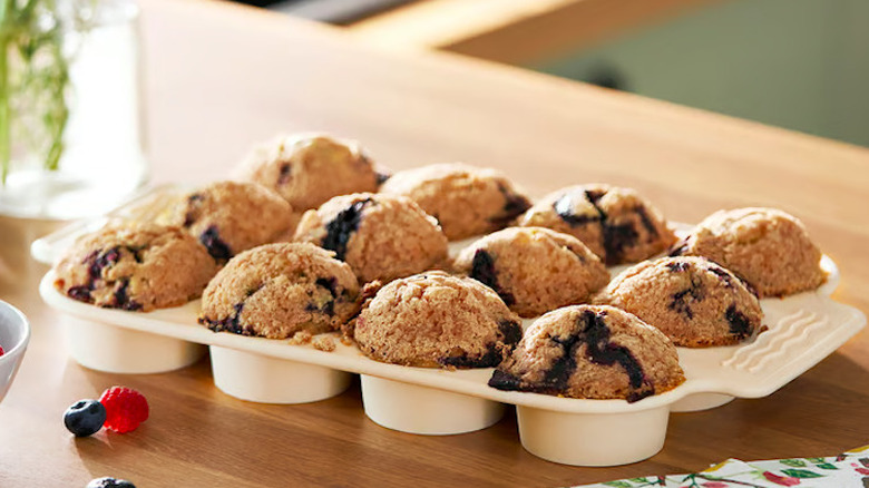 Baked muffins in a silicone muffin tray.