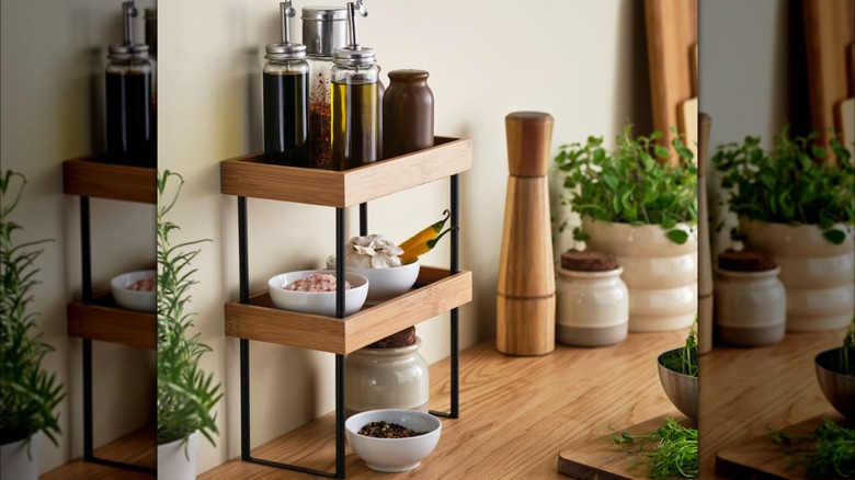 Kitchen spices organized with two stackable counter organizers.