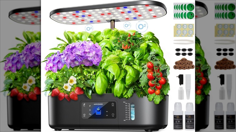 Black Ahopegarden Hydroponics Growing System Kit 12 Pods with flowers, herbs, and tomatoes and included extras