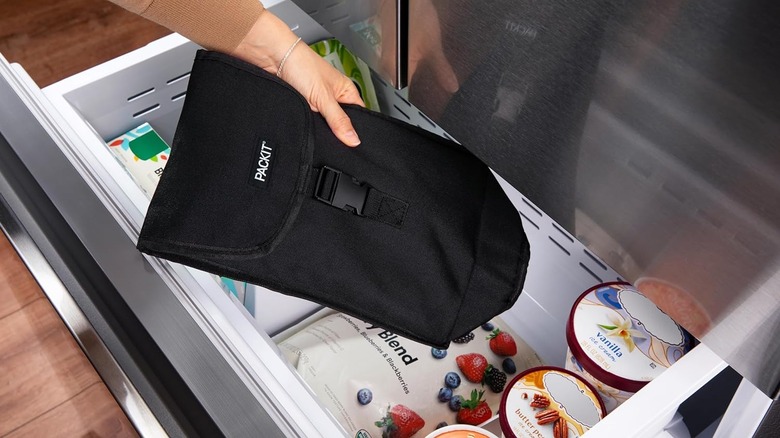 A person putting a PackIt wine tote in the freezer