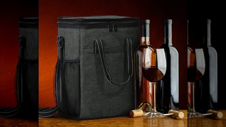 A Tirrinia wine tote bag with two bottles of wine
