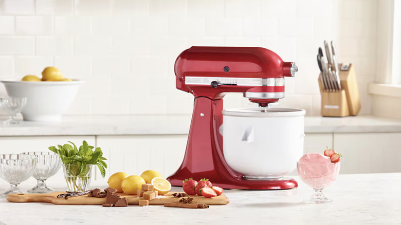 KitchenAid stand mixer with ice cream attachment on countertop