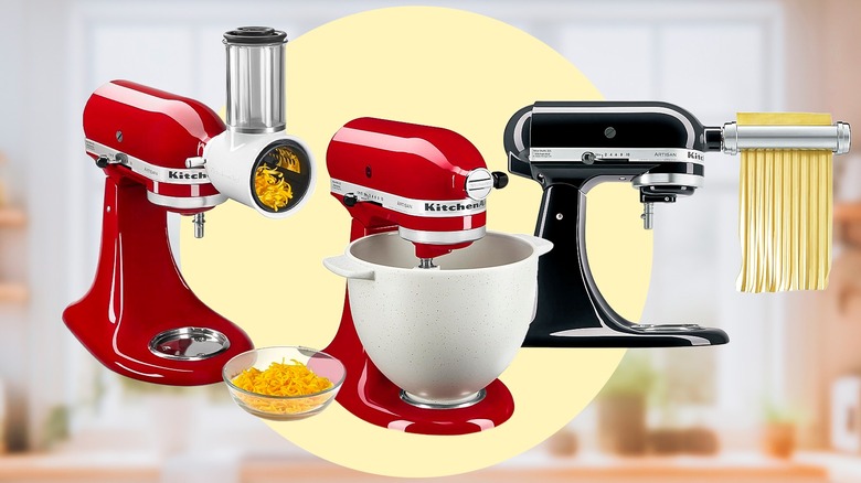 Three KitchenAid stand mixers with various attachments on a blurred kitchen background