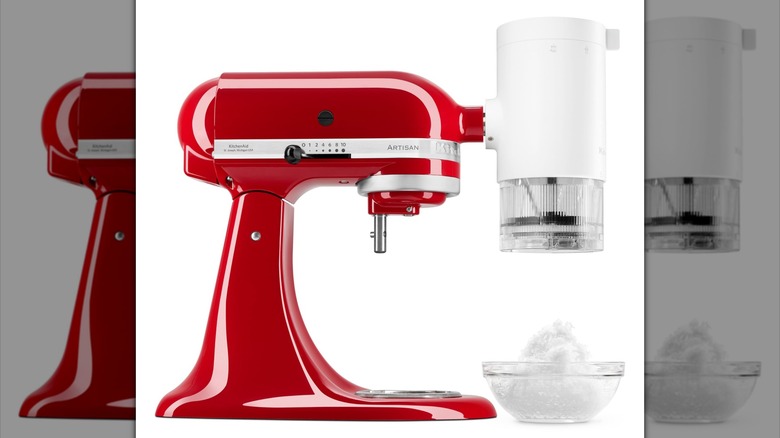 Red KitchenAid stand mixer with shave ice maker attachment on white background