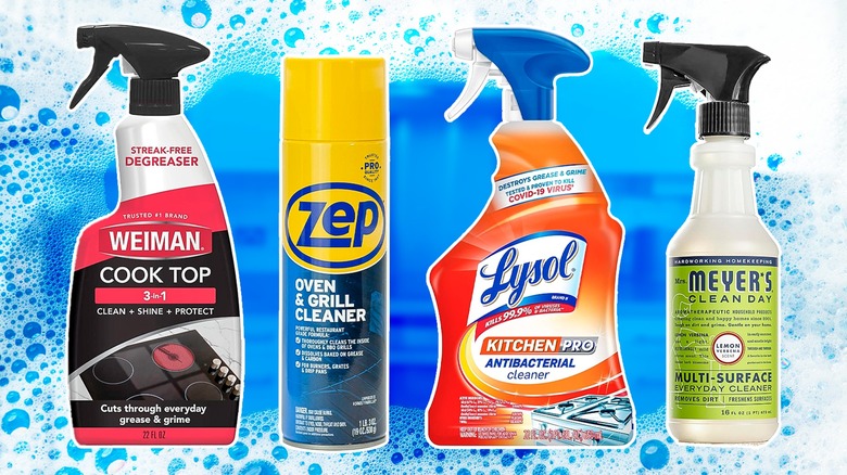 Composite image with four kitchen cleaners from Weiman, Zep, Lysol, and Mrs. Meyer's