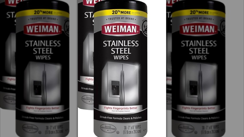Mirrored image of Weiman Stainless Steel Wipes containers