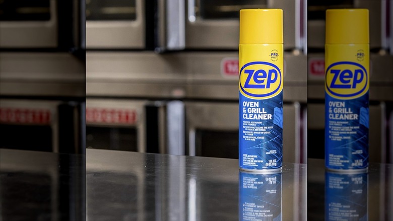 Can of Zep Oven and Grill Cleaner on a stainless steel counter