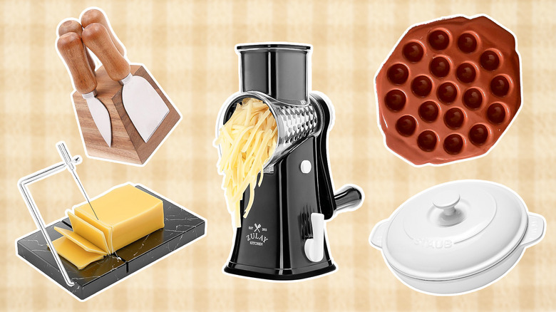 Five types of tools used for cheese with cheese grater in the middle