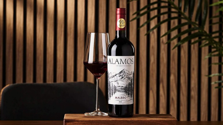Bottle and glass of Alamos malbec