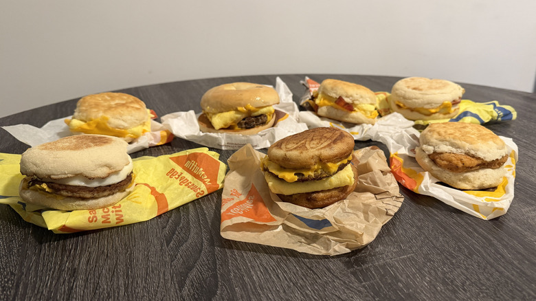 All of McDonald's breakfast sandwiches on a table