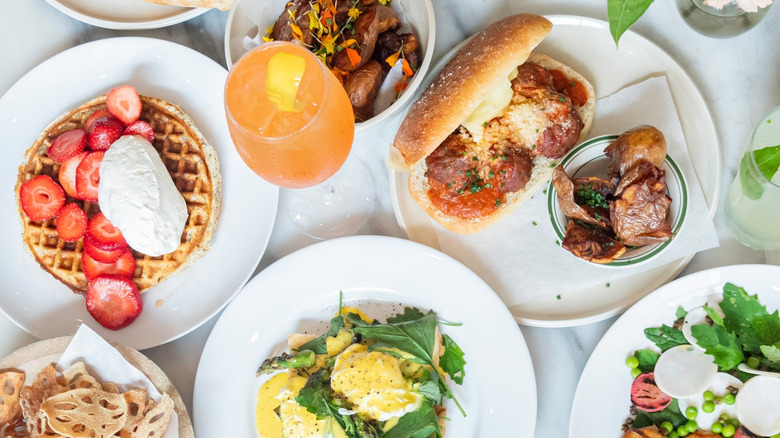 Brunch plates on table at Il Fiorista in New York City