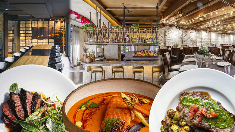 Composite image of Mediterranean dishes in the forground, restaurant interiors in the background