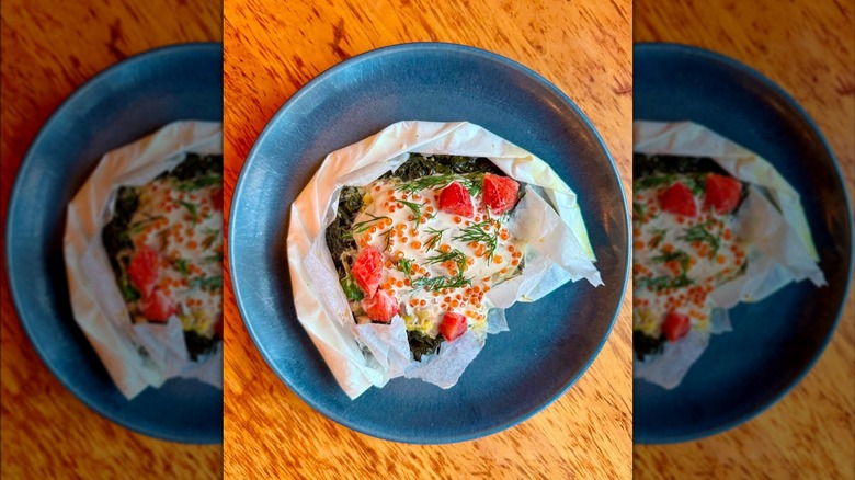 Hake and black-eyed peas piyaz en papillote dish from Oleana Restaurant