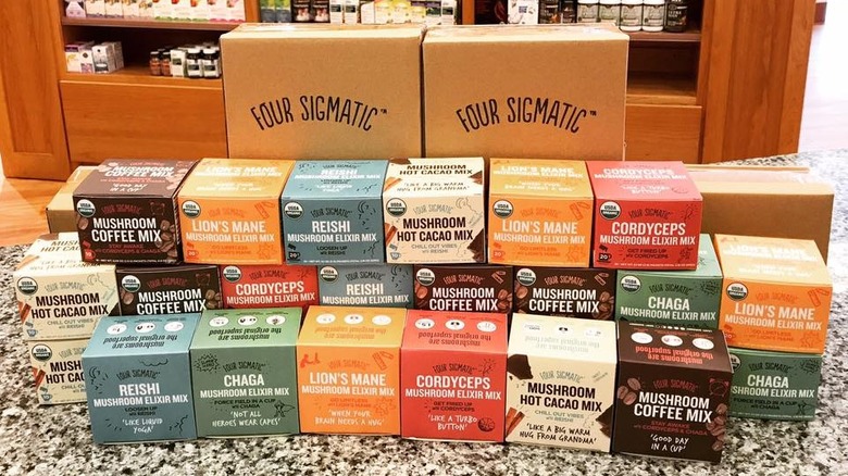 various Four Signmatic mushroom coffee and drinks packages displayed