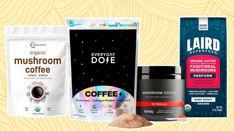 Composite image featuring several mushroom coffee brands