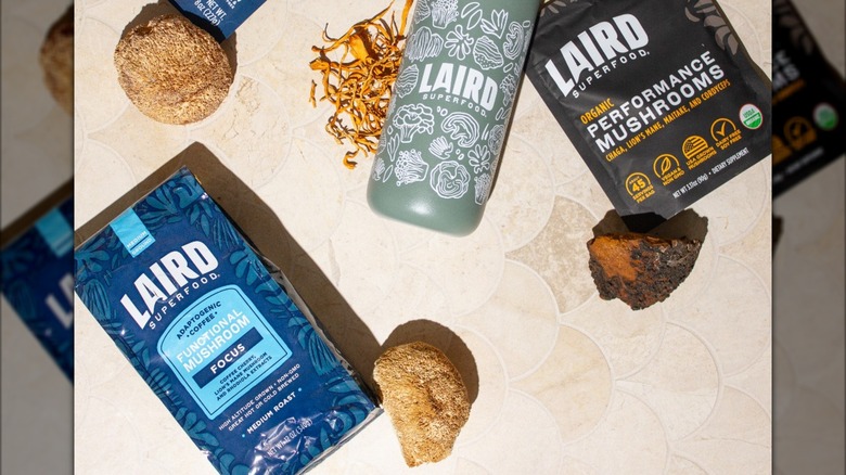 Package of Laird Superfood coffee with mushrooms and pack of mushrooms