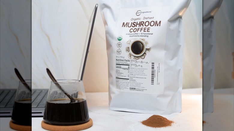 Bag of Micro Ingredients Mushroom coffee with glass cup
