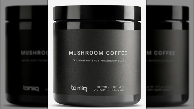 Toniiq black and white container of mushroom coffee