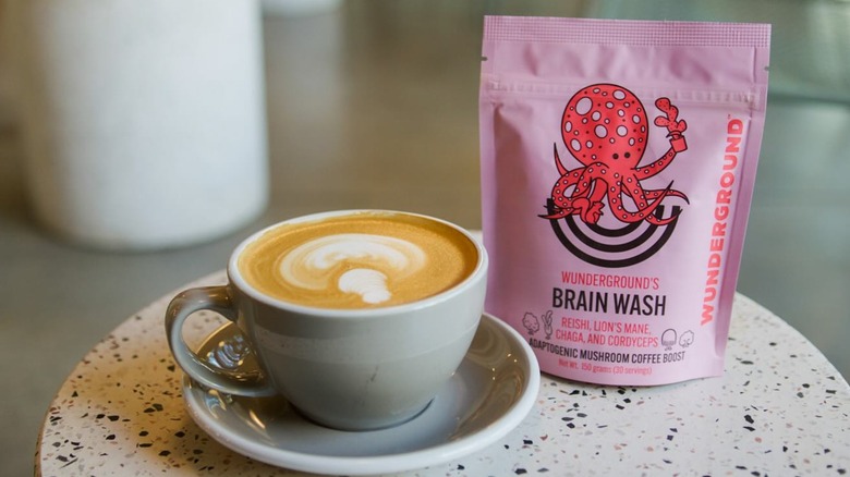 Bag of Wunderground Brain Wash coffee with latte cup