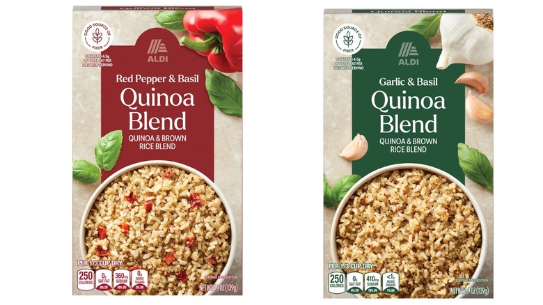 Two boxes of Aldi's Quiona Blends; one flavored with red pepper and basil, the other garlic and basil