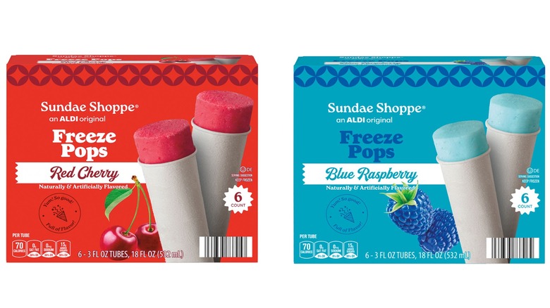 Two boxes of Sundae Shoppe Freeze Pops in Red Cherry and Blue Raspberry