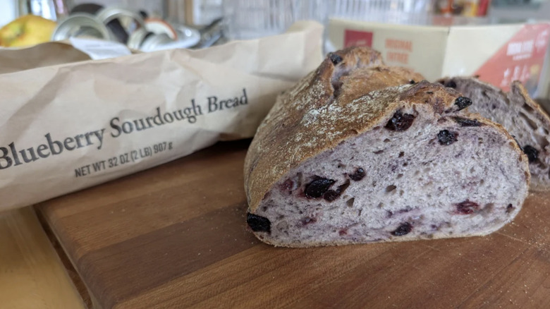 Kirkland Signature Blueberry Sourdough Bread on wooden board