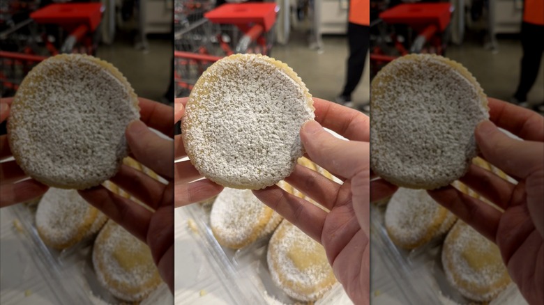 Someone holding a Kirkland Signature Raspberry Filled Cookie