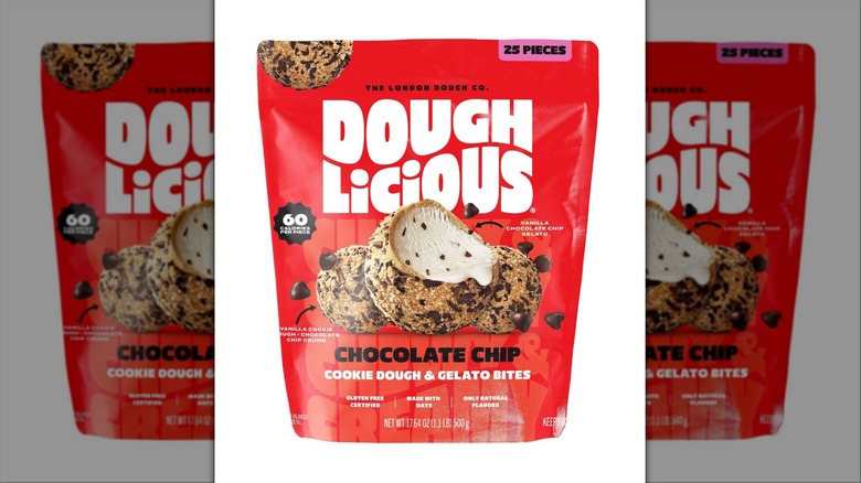 Red bag of Doughlicious Chocolate Chip Cookie Dough & Gelato Bites on a white background.