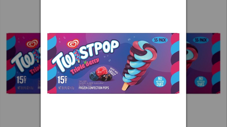 Purple and blue box of TwistPop Triple Berry Frozen Confection Pops on a white background.