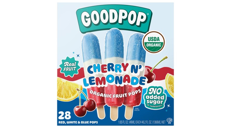 A box of Goodpop Organic Cherry N' Lemonade Fruit Pops on white background