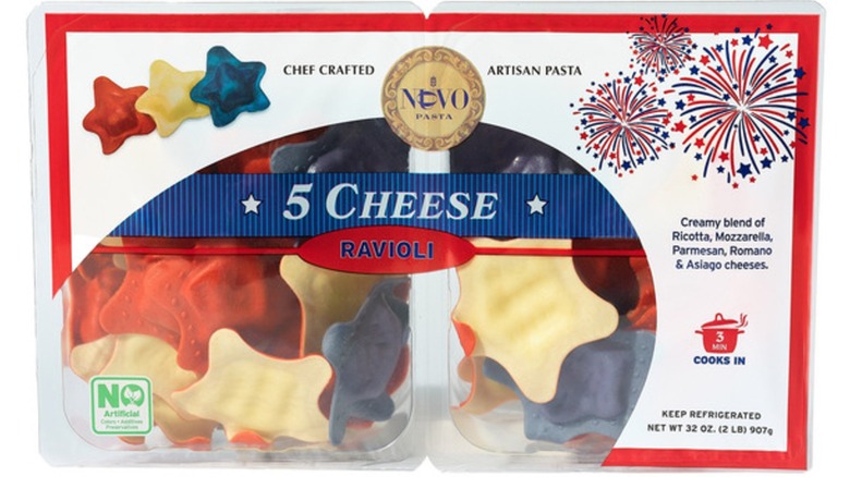 A package of Nuovo Red, White, and Blue 5 Cheese Star Ravioli on white background
