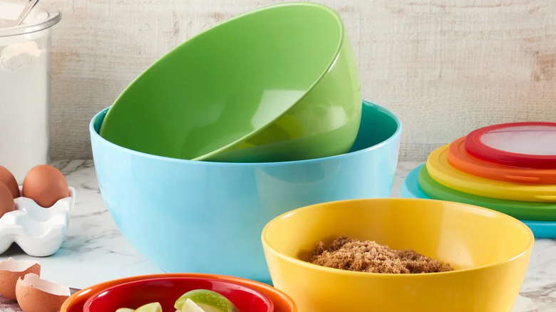 Colorful Pandex Melamine bowls on a kitchen counter